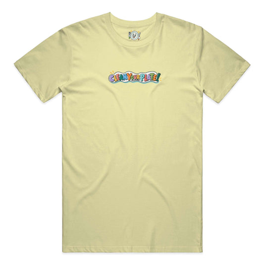 yellow clean your plate! t-shirt supporting community meal donations