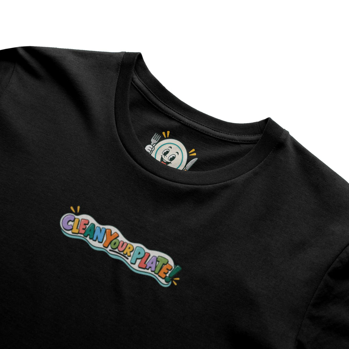 black clean your plate! t-shirt with colorful logo graphic