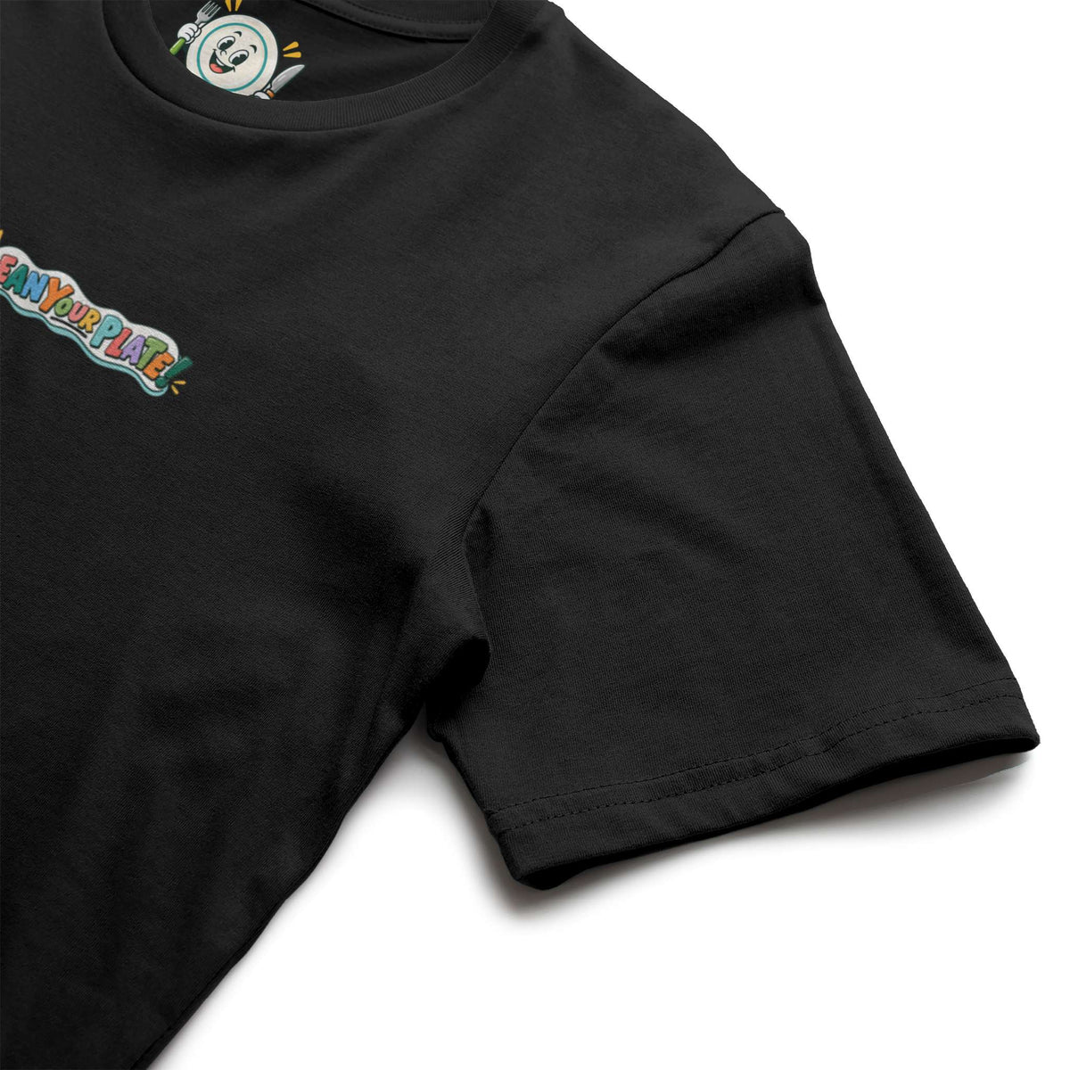 black clean your plate! t-shirt with colorful logo graphic