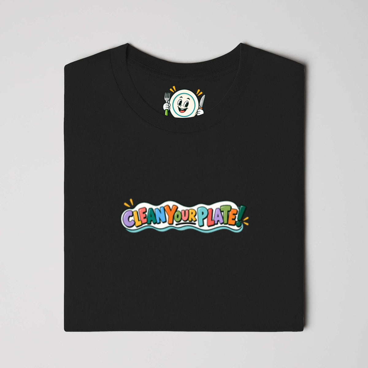 black clean your plate! t-shirt with colorful logo graphic