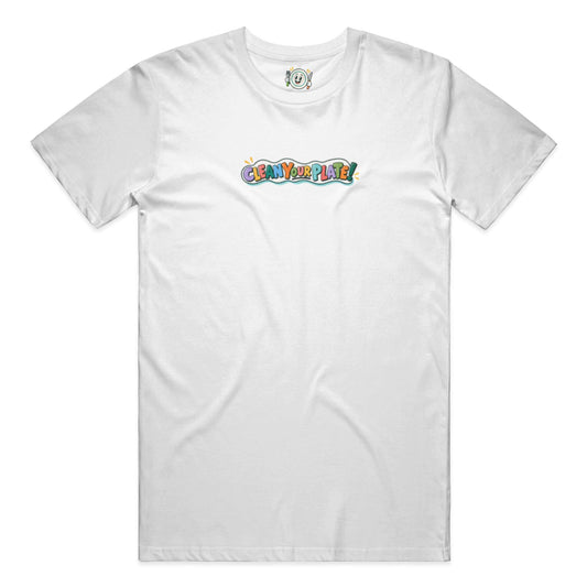 white clean your plate! t-shirt with colorful logo graphic