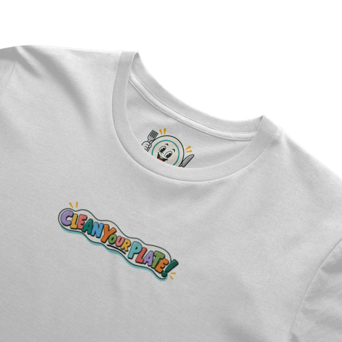 white clean your plate! t-shirt with colorful logo graphic