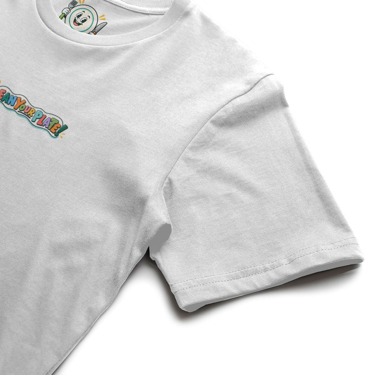 white clean your plate! t-shirt with colorful logo graphic