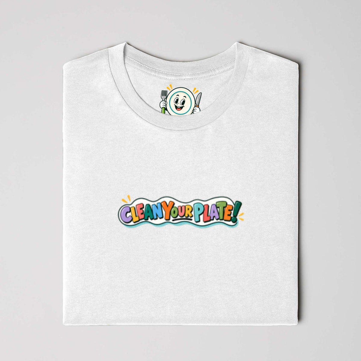 white clean your plate! t-shirt with colorful logo graphic
