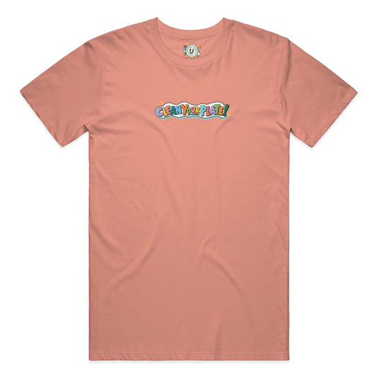 terracotta clean your plate! t-shirt, earth-tone colorway for food and giving brand
